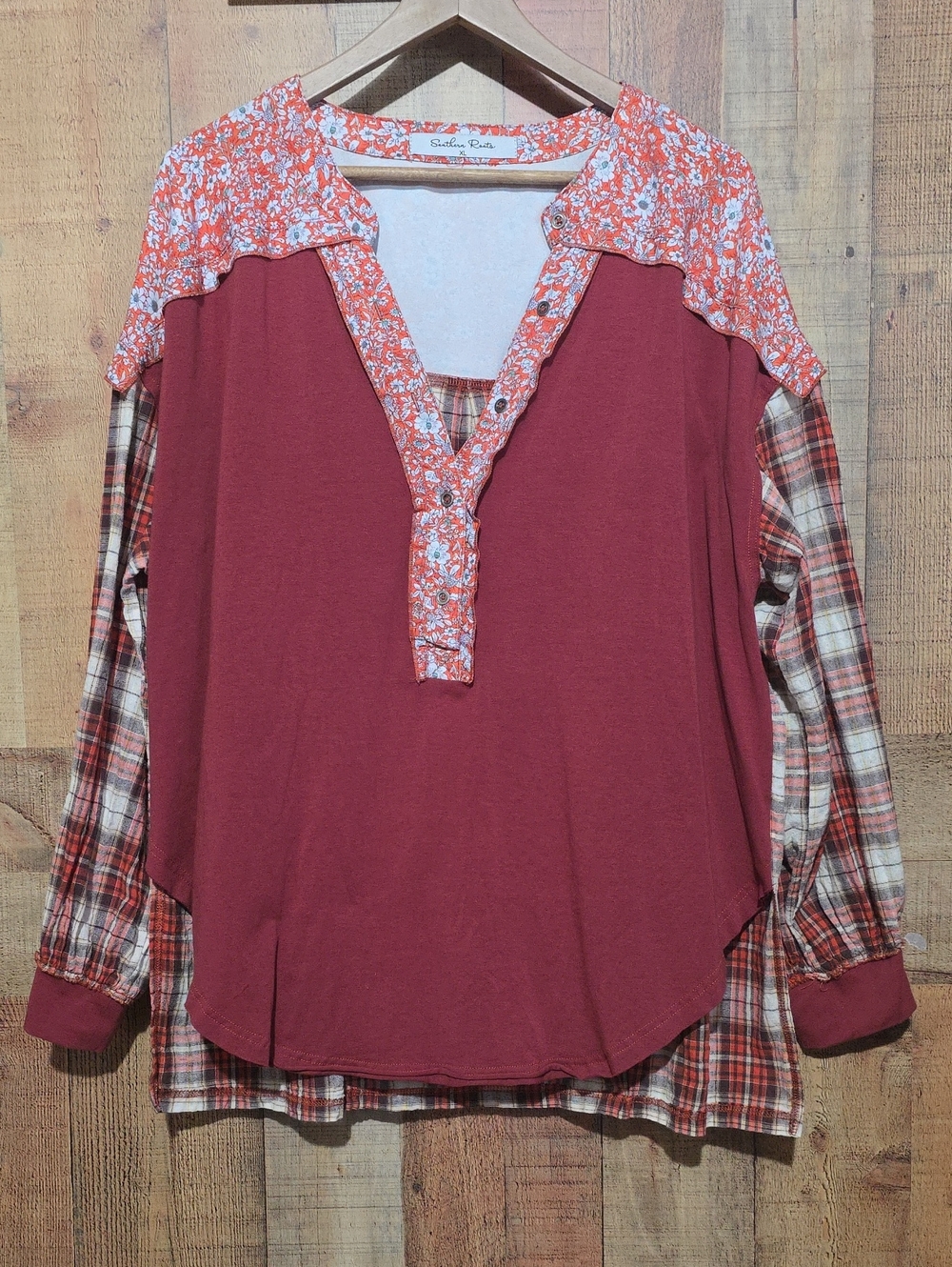 Mixed-Print Tunic Top with Floral Yoke